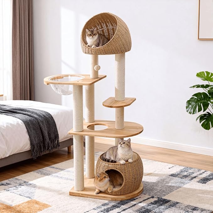 Modern Cat Tree Wood for Indoor Cats, 59-Inch Multi-Level Cat Tower with Scratching Post for Large Cats, Sturdy Cat Condo with Two Handwoven Basket and Capsule, Easy to Clean