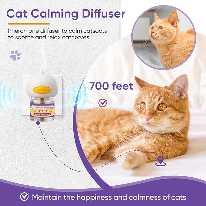 Cat Calming Pheromone Diffuser Kit – 2 Plug-Ins & 4 Refills (48ml), Cat Anxiety & Stress Relief, Multi Cat Calming Diffuser, Reduces Fighting, Spraying, Scratching & Aggression, Drug-Free for All Cats