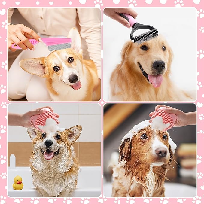 VCZONE 8 Pcs Dog Grooming Kit with Self Cleaning Tools: Nail Clipper, Flea Comb, Shampoo Brush, Shedding Brush, Dematting Comb, Silicone Toothbrush (Pink)