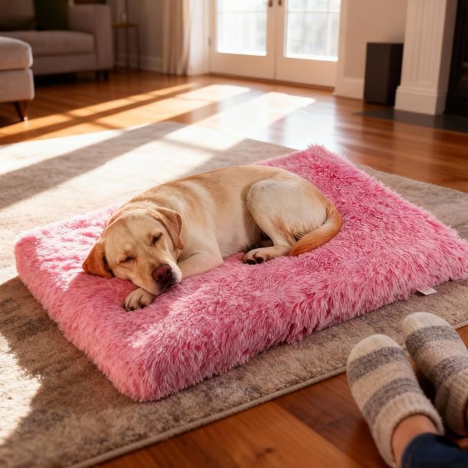 Orthopedic Dog Bed for Large Dogs, Dual-Layer Memory & Egg-Crate Foam, Washable Warm Winter Plush Cover, Waterproof Liner, Non-Slip Bottom, Crate/Kennel Pad, 41 x 27 Inch, Pink