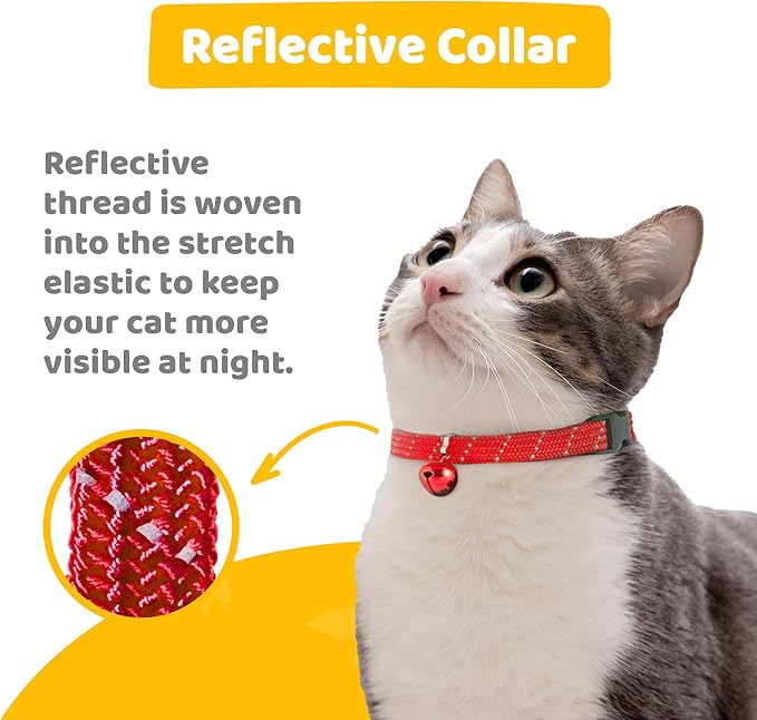 BirdsBeSafe® Break Away Cat Collar with Bell, Reflective Thread for Night Visibility, Comfortable Elastic Stretch Cat Collar to Protect Cat from Getting Stuck in the Garden.