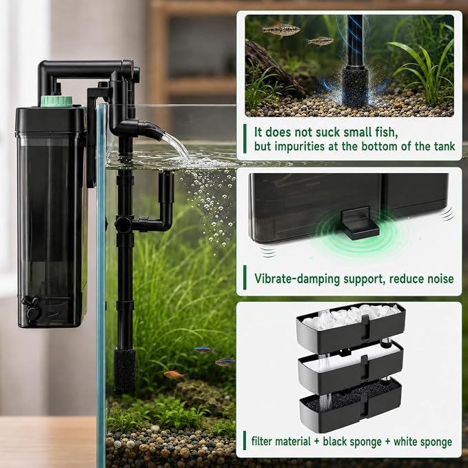 External Hang On Back Canister Aquarium Filter,Quiet Fish Tank Filter with 3-Stage Filtration,Anti-Dry Burn Motor,132GPH Adjustable Flow,Duckbill Nozzle,Shower Spray Bar