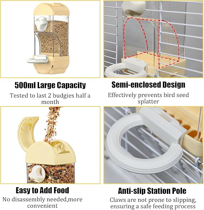 Automatic Bird Cage Feeder No Mess Bird Feeding Station Parrot Vegetable Holder Fruit Clips for Parakeet Cockatoo Canary Lovebirds Budgie (Yellow)