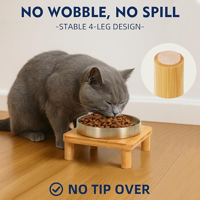 DoogCat Elevated Cat Bowls for Indoor Cats – Raised Bamboo Cat Bowl Stand with 5.5 Inch Wide Stainless Steel Dishes, Pet Food Table Plate for Easy Feeding, Whisker Friendly(Silver,Set of 2)