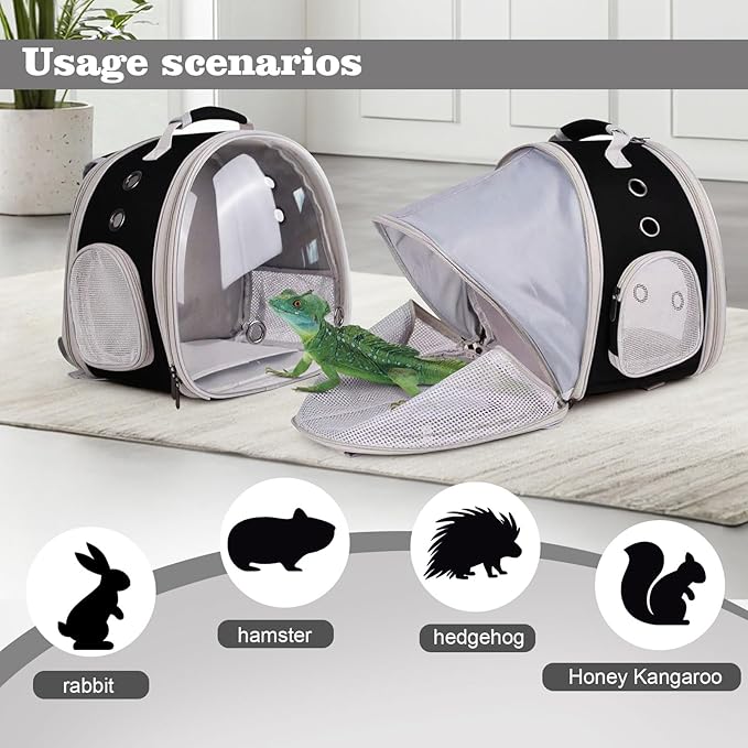 WEVONIGU Expandable Small Animal Backpack Carrier with Clear Bubble Window Large Space Travel Cage for Hedgehog Rat Parrot,Bearded Dragon,Sugar Glider,Airline Approved (Black, BE Backpack)