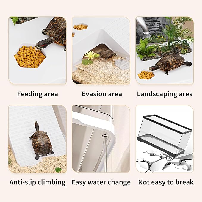 Turtle Fish Tank with Basking Platform and Bottom Drainage, 15.8" x 8" x 8.8" Aquatic Turtle Tank for Juvenile Turtle, Crayfish, Crabs, Amphibians, Reptiles, PC Material, Black Color