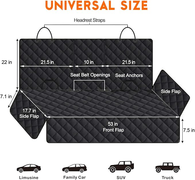 Yuntec Dog Car Seat Cover, Back Seat Cover for Dogs Pet Car Seat Protector Waterproof Bench Car Seat Cover, Non-Slip Reat Seat Cover fits Middle Armrest for Most Cars Trucks SUVs - Black