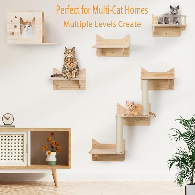 Cat Wall Shelves for Large Cats, 9PCS Solid Pine Cat Wall Furniture Set with House, Ladder Steps & Sisal Scratching Posts, Sturdy Mounted Climbing Shelves for Indoor Cats