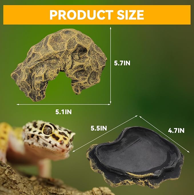 Small Hideout for Reptiles,Reptile Hide Cave Resin Gecko Habitat Decor 2 in 1 Multi-Functional Leopard Gecko Tank Accessories Hideout with Detachable Base as Food Bowl