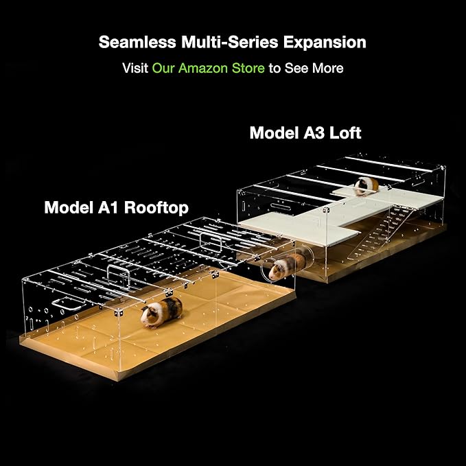 GuineaLoft™ Model-A3Loft Two-Level Acrylic Guinea Pig Cage w/ 2nd Floor Loft, Ramps, Beams & Gauze Lid, Large 4ft(L) x 2ft(W) x 1.3ft(H) Expandable C&C Cage, Works Also for Bunnies, Quails, Hedgehogs