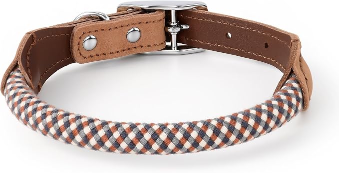 Mile High Life Genuine Leather Dog Collar, Durable Braided Cotton Rope Collar with Metal Pin Buckle for Small Medium Large Dogs (Brown Plaid, S Neck 11"-15")