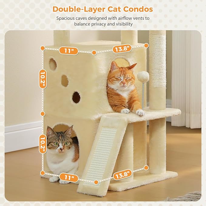 PETEPELA Cat Tree for Indoor Cats, 34.6" Small Cat Tower with Scratching Posts, 2 Condos, Scratching Ramp & Dangling Toys, Cat Play House for Multi-Cat Households, Beige