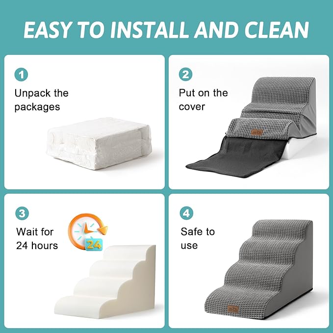 COZY KISS Dog Stairs for Small Dogs 19.7" H, Curved Dog Step for Puppy, Older or Cat, Medium Pet Ramp for Sofa, Couch or Bed, Ladder with High Density Foam, 4 Step, 15.7x28.3x19.7 inch, Dark Grey