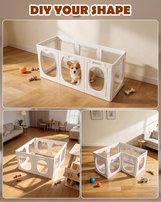 Clear Acrylic Dog Playpen with Door, 8 Panels Clear Dog Playpen Indoor, 23.6" Transparent Pet Fence, Expandable Puppy Playpen with Suction Cups, Easy Assemble for Small Dogs/Puppies/Cats