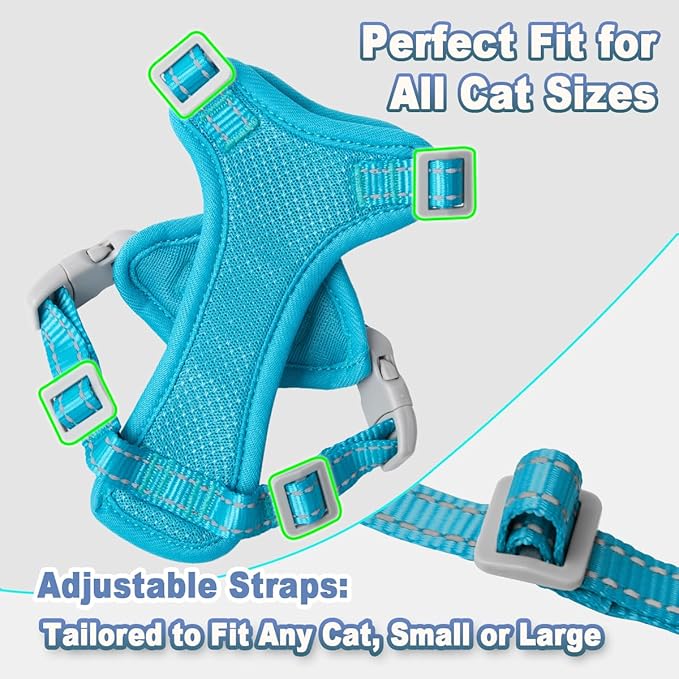 Cat Harness and Leash Set Escape Proof for Kitten Walking, Soft Adjustable Top Handle Vest Harnesses for Cats, Easy Control Breathable Reflective Small Medium Large, Blue,XXS