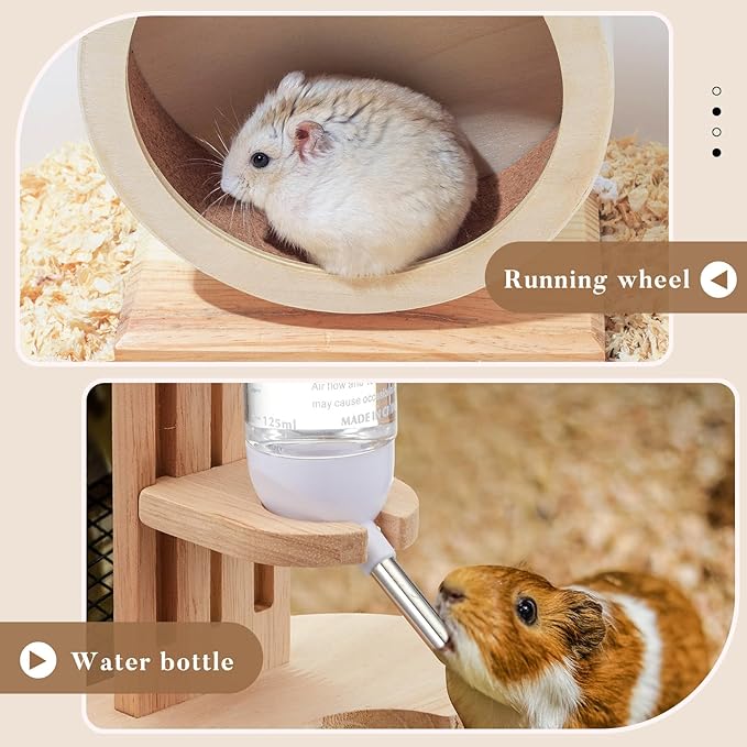 2 Pcs S, 7.9 Inch Wooden Hamster Wheel Silent Exercise Wheel with Water Bottle Stand Stable Running for Dwarf Hamster Gerbil Mouse Small Animal Cage Accessories