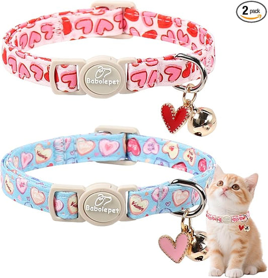 2 Pack Valentines Cat Collars - Valentine Breakaway Cat Collar with Bell, Pink and Red Heart Pendant, Adjustable Kitten Collars for Girl Boy Cats, Sweet Hearts