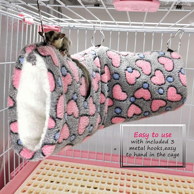 LEFTSTARER Hanging Tunnel for Small Animals Guinea Pig Accessories Sugar Glider Cage Accessories Hamster Rat Toys Ferret Hammock（Heart-Grey）