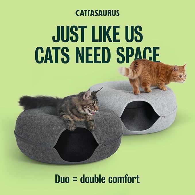 Cattasaurus Peekaboo Cat Cave Duo Jumbo Set, Extra Spacious Cat Donut for Multiple & Large Kitty 15+ lbs, Scratch Detachable Cat Beds for Indoor Cats, Washable Cat Tunnel Bed, Best Kitten Toys