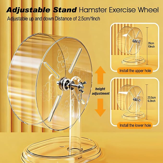 Hamster Exercise Wheel,Super-Silent Small Animals Exercise Wheels,Quiet Hamster Running Wheels with Adjustable Stand for Hamsters, Gerbils, Rats, or Other Small Pets (Transparent, 8.3 inch)