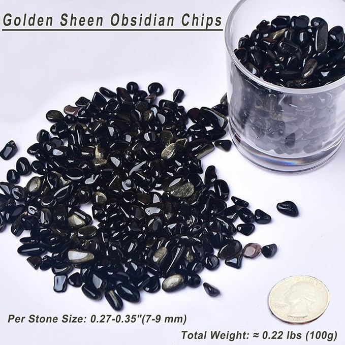 Erliway 100g Natural Gold Sheen Obsidian Crystal Chips 7-9mm Tumbled Stones | Small Crushed Crystal Stone, Polished Crystals Chips for Fish Tank, Healing Tumbled Rocks for Reiki Jewelry Making Home Décor