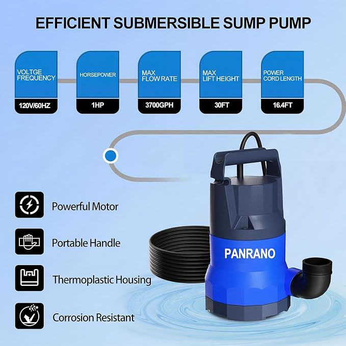 Sump Pump 1HP Submersible Water Pump 3700GPH Electric Utility Pumps | Draining from Pool Pond Tubs with 16.4ft Power Cord