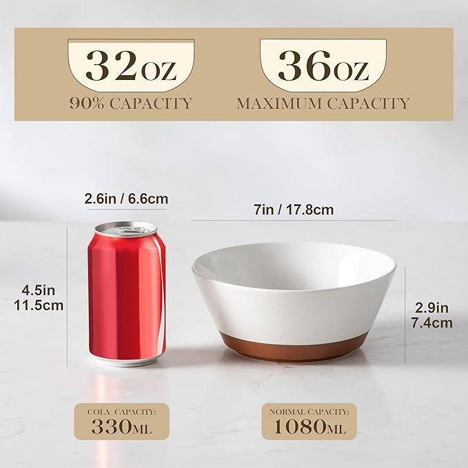MALACASA Soup Bowls, Ceramic Salad Bowls Set of 4, 36oz Ceramic Bowls for Ramen, Cereal, Fruit and Pho, Microwave & Dishwasher Safe, Speckled Deep Bowls, Vanilla White & Brown