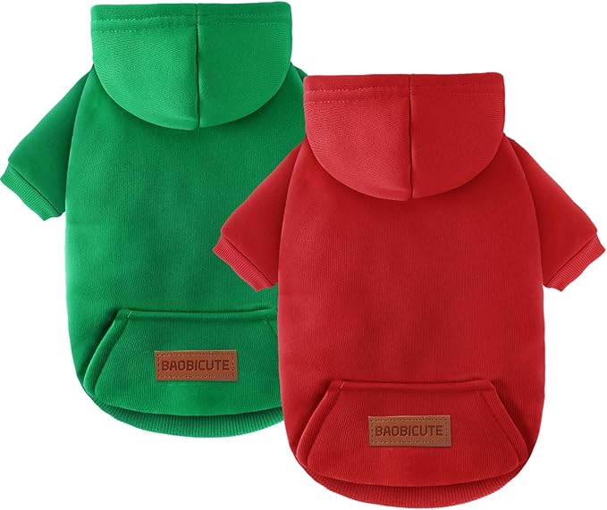2 Pack Dog Hoodie Warm Hood Dog Sweater Cold Weather Small Dogs Sweatshirt Comfort Pet Clothes for Small Medium Dogs with Pockets (Green+Wine Red, XXS (Back: 5.9",Chest: 10.6", 0.8-1.8lbs))