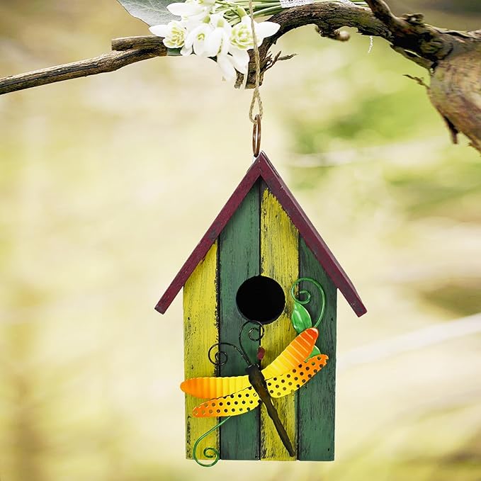 Wood Bird Houses for Outside, Hanging Bluebird House Nest Box Garden Patio Outdoor Decorative Bird Houses Vintage Rustic Wooden Birdhouse Bird Box Home for Finch Wren Chickadee Cardinals (Dragonfly)