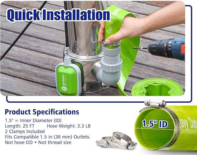 Green Expert 1.5HP Submersible Sump Pump Kit with 25 ft Lay-Flat Discharge Hose, 6000 GPH 304 Stainless Steel Water Removal Pump with Tethered Float Switch for Basement, Sump Pit & Pool Drainage