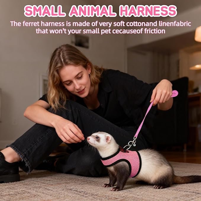 Rypet Small Animal Harness and Leash - Soft Mesh Pet Harness with Safe Bell, No Pull Comfort Padded Vest for Small Pet red + Pink S