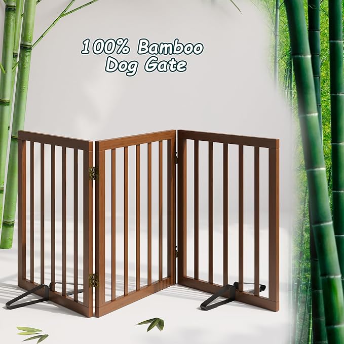 Freestanding Dog Gates Indoor, 3-Panel Pet Gates with 2 Metal Stands and 360° Hinge, 24" H Foldable Dog Gate for Stairs, Doorway, Kitchen, Expands Up to 55" Fully Assembled - Black Walnut