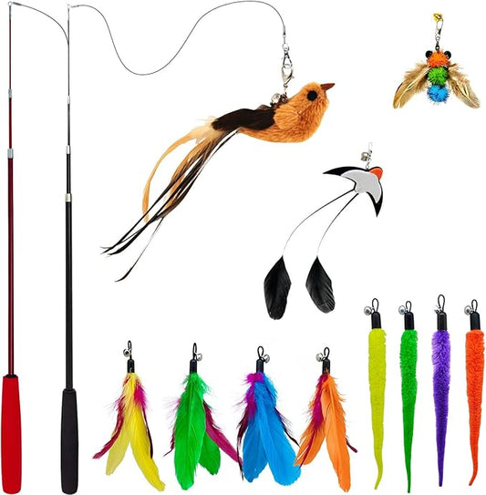 miwoowim Interactive Cat Wand Toy Set – 2 Retractable Wands (37" & 49") with 11 Refills Attachments – Feather Toys, Plush Bird, Worms, Insect & Swallow – Cat Teaser Toys for Indoor Cats & Kittens