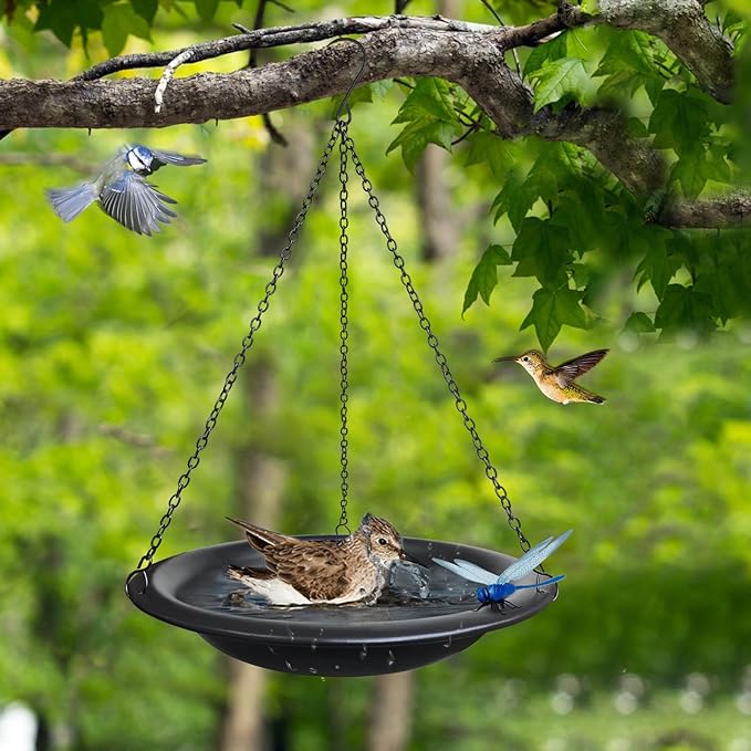 Hanging Bird Bath Outdoor 11.5" Metal Bowl with 15.5 in Rust-Proof Chains,Weather-Resistant Garden Birdbath with Magnetic Dragonfly for Backyard Decor,Matte Black