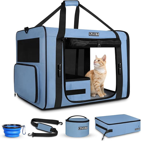 Petskd 26"x17"x17" Extra Large Cat Carrier with Litter Box for Large Cat or 2 Small Cats under 55LBS, Collapsible Soft Sided Pet Carrier for Car Travel with Seat Belt Buckles and Locking Zippers(Blue)