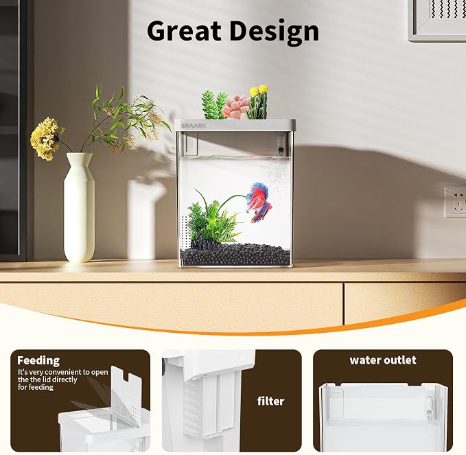 Small Fish Tank Aquarium kit 1.5 Gallon Betta Fish Tank with Silent Water Pump Filter LED Light,Fish Bowl (White)