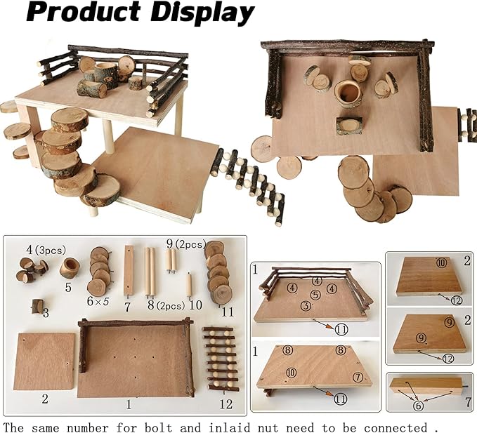 VolksRose Wooden Hamster Playground Platform, Hamster Climbing Toy, Natural Living Climb System, Small Animals Activity Set with Ladder Food Bowl Ramp Bridge for Mouse Gerbil Rat Chinchilla
