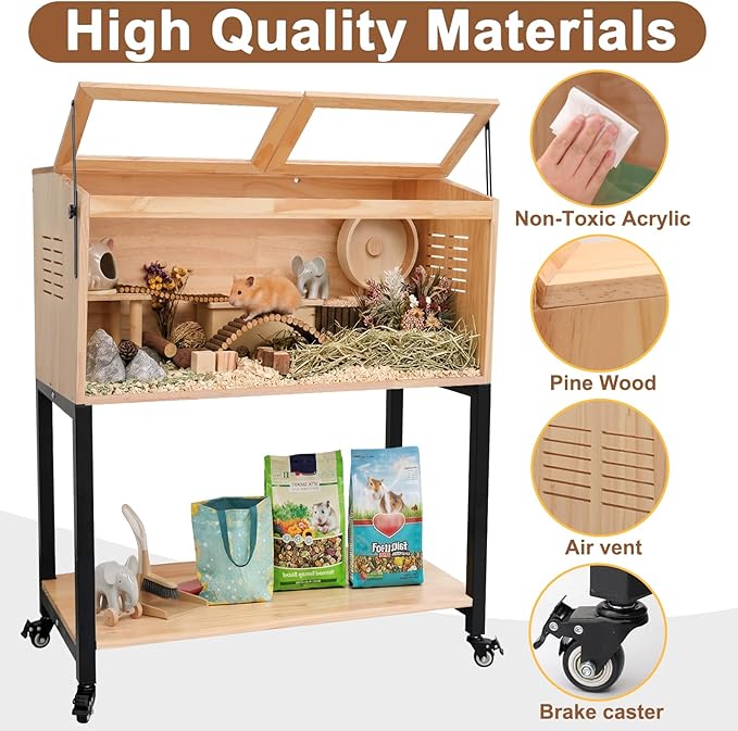Wooden Hamster Cage with Storage Shelf, Large Hamster Cage, Pine, Guinea Pig Cages, 47.0" L x 20.0" W x 42.0" H Small Animal Cages with Stand & Wheels for Guinea Pig, Chinchilla, Rat, Bunny, etc.