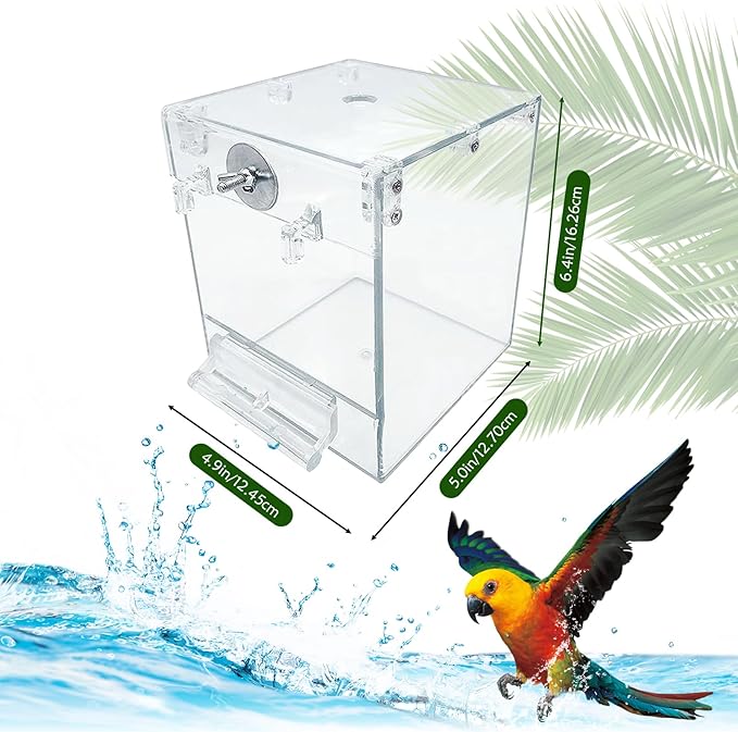 PINVNBY Bird Bath Box for Cage,Transparent Parakeet No-Leakage Bathtub Hanging Cube Tube Shower Box Cages Accessory with Water Injector and Balls Toys for Pet Birds Canary Parakeet Cockatoos (8 Pcs)