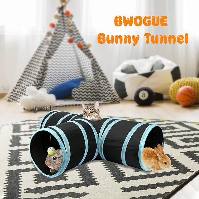 BWOGUE Bunny Tunnels & Tubes Collapsible 3 Way Bunnys Hideout Small Animal Activity Tunnel Toys for Dwarf Rabbits Guinea Pigs Kitty