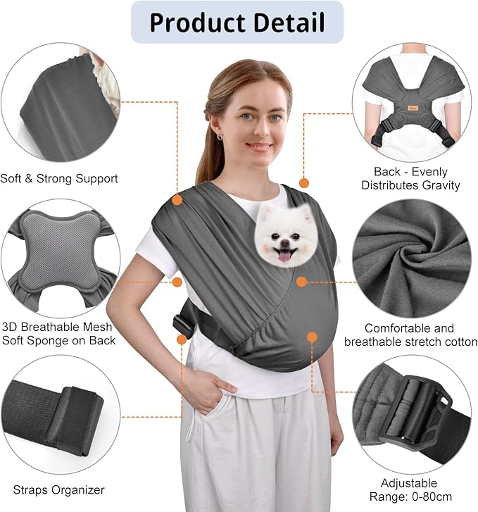 CUBY Swaddle Dog Sling Carrier for Small Dogs, Front Pet Sling Carrier Chest,Hands Free Adjustable Cat Sling Carrier Soft Cotton Reducing Pain Puppy Sling Carrier for Small Pet Up to 10lb (Dark Gray)