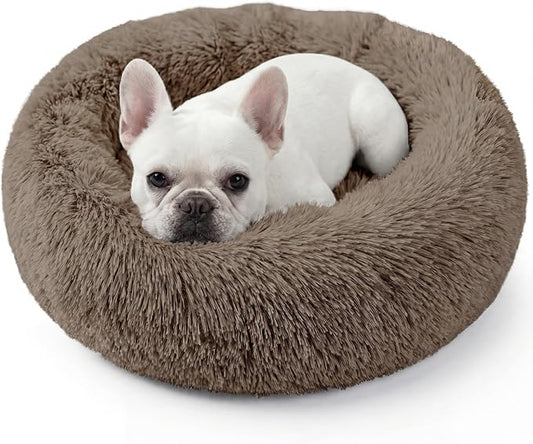 WROS Calming Dog Bed, 20" x 20" x 6" Fits Cat & Dog, Anti-Slip Round Washable Faux Fur for Doze Off, Napping Orthopedic, Khaki