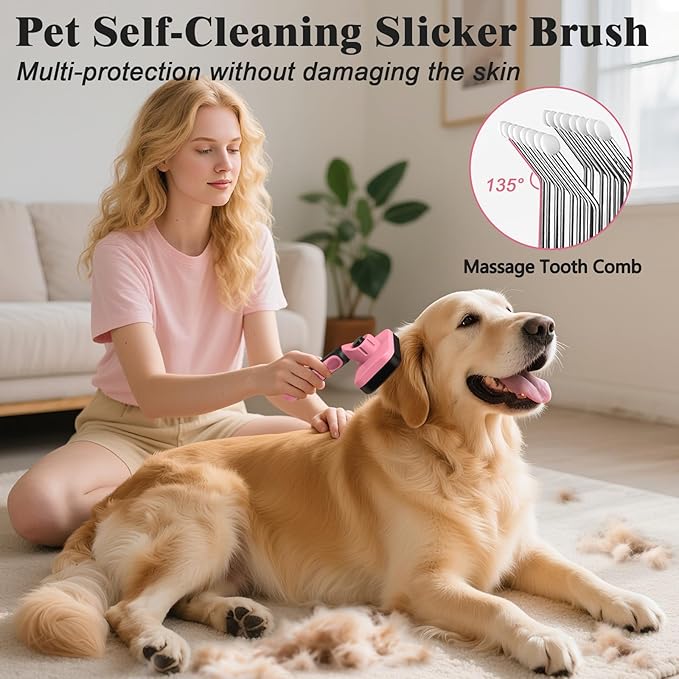 2PCS Self Cleaning Slicker Brush & Dog Comb - Skin Friendly Deshedding Grooming Tool for Dogs, Cats and Small Animals, Professional Deshedding Dematting Tool for Long and Short Haired Pets (Pink)