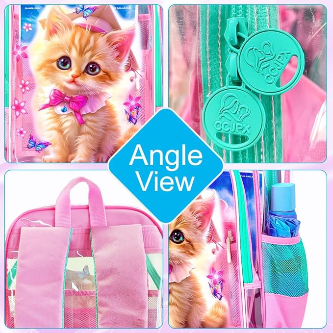 AGSDON 3PCS Clear Backpack for Girls,16" Transparent Bookbag Heavy Duty, Cute See Through Backpacks with Lunch Bag - Pink Cat