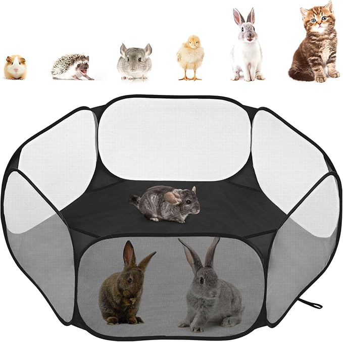 Pawaboo Small Animals Playpen, Waterproof Small Pet Cage Tent with Strong Steel Wire Frame, Portable Outdoor Yard Fence for Chick/Kitten/Puppy/Guinea Pig/Rabbits/Hamster/Chinchillas, Black
