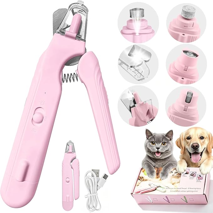 2-in-1 Dog Nail Grinder & Dog Nail Clippers Trimmers for Large Medium Small Dogs Cats Pets Claw Trimmer with LED Lights (Pink)