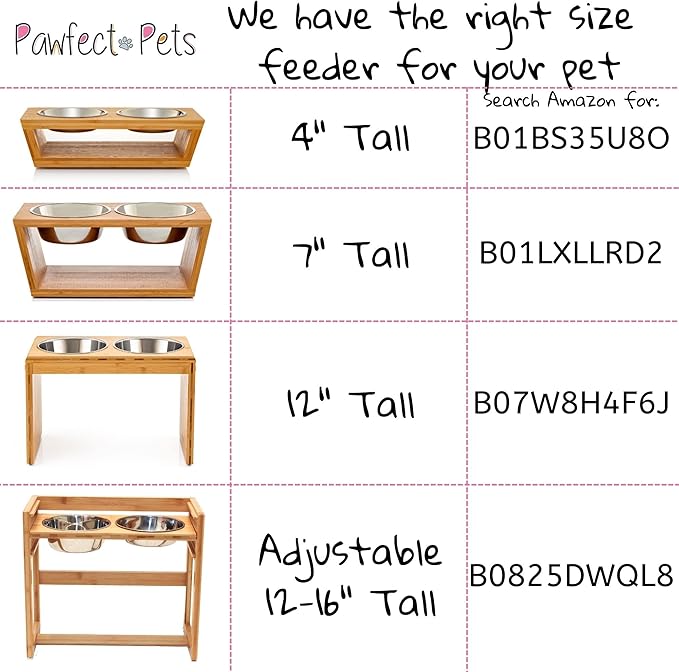 Pawfect Pets Elevated Dog Bowl Stand- 7" Raised Dog Bowl for Medium Dogs. Pet Feeder with Four Stainless Steel Bowls (White)