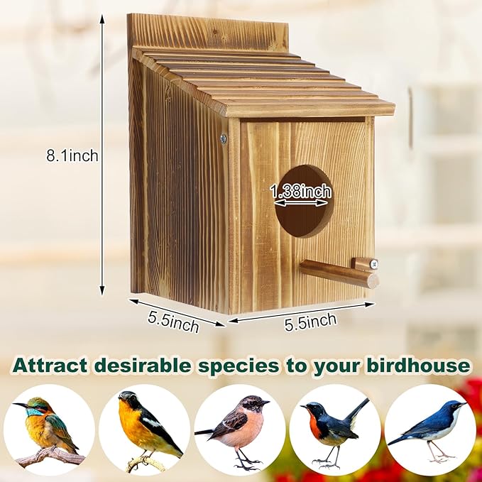 Tradder 3 Pcs Wood Bird Houses for Outside with Pole Hanging Bluebird Wooden Birdhouse for Outdoor Small Bird Nest Box for Finch, Bluebird, Hummingbird, Parakeet Garden Perch