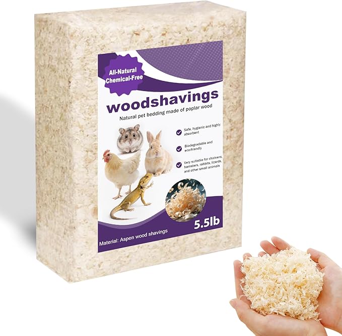 Natural Aspen Shavings Pet Bedding 5.5 Lb, Low-Dust & Chemical-Free, Ultra-Absorbent Cage Litter for Hamsters, Rabbits, Gerbils & Small Animals, Biodegradable Wood Shavings（70L Before Compression）