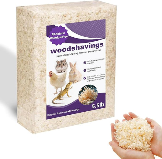 Natural Aspen Shavings Pet Bedding 5.5 Lb, Low-Dust & Chemical-Free, Ultra-Absorbent Cage Litter for Hamsters, Rabbits, Gerbils & Small Animals, Biodegradable Wood Shavings（70L Before Compression）